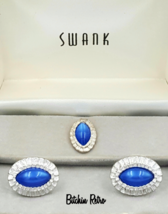 Swank Cufflink and Tie Pin Vintage Set With Original Box  Blue Cabochons   - £23.17 GBP