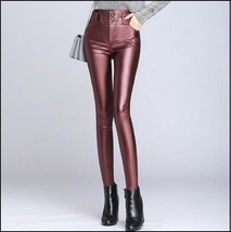 Red Wine Stretch Faux Leather High Waisted Button Up Skinny Pencil Trousers 