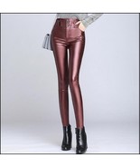 Red Wine Stretch Faux Leather High Waisted Button Up Skinny Pencil Trous... - £50.56 GBP