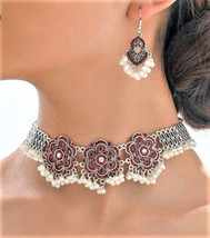 Victorian crystal flower pearl choker earring set - $13.86