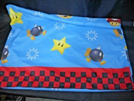 Nintendo Super Mario Blue TWIN FLAT SHEET Bombs Mushrooms Stars 2010 Top... - £15.71 GBP