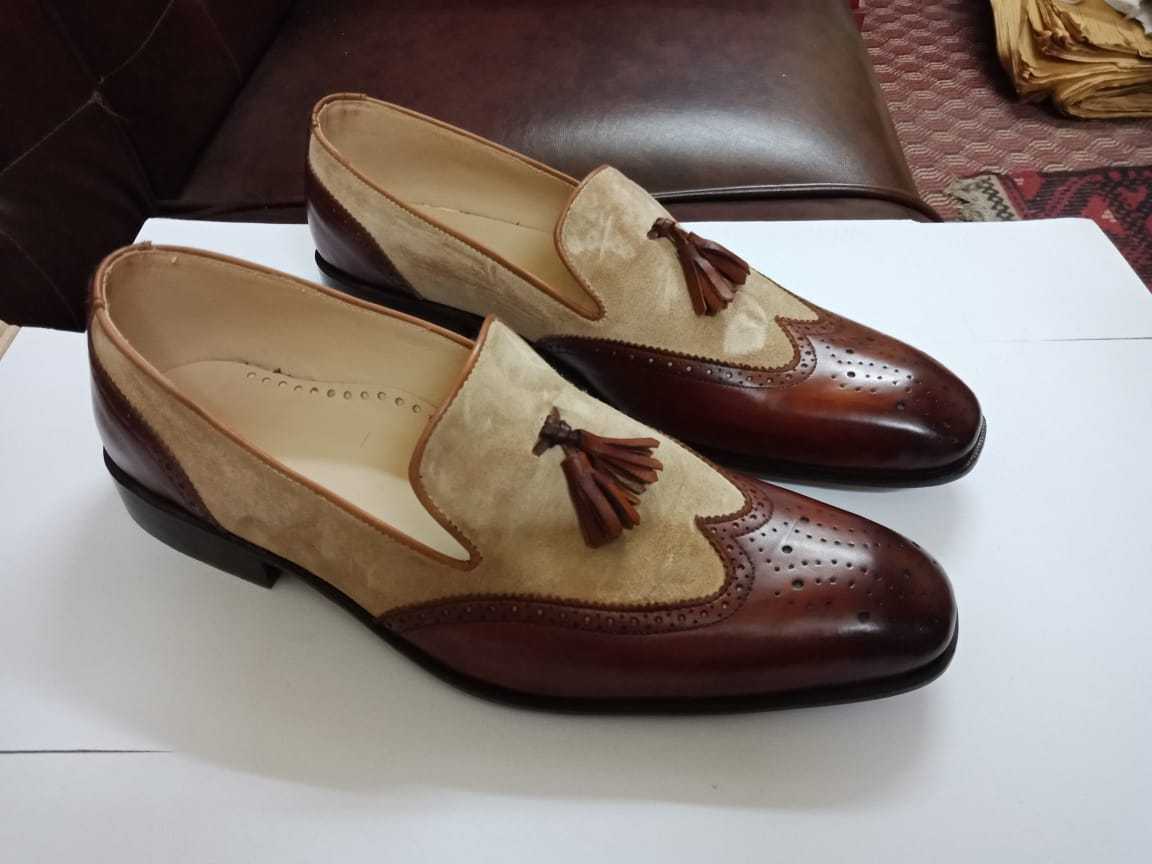 Two Tone Maroon Beige Suede Wing Tip Brogue Toe Tassel Loafer Slip Leather Shoes