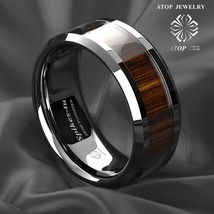 8mm Men&#39;s Tungsten ring Carbide Wood Inlay Beveled Wedding Band Ring - £19.76 GBP