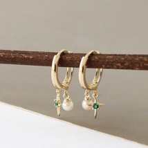 10ct Solid Gold Pearl Cross Huggie Hoops Earrings - pretty, dangle, gift, 10k,9k - £110.40 GBP