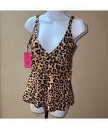 NWT $128 Betsey Johnson Tan/Black Leopard Peplum One Piece Swimsuit Size L - $101.50 CAD