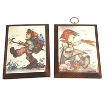 Lot of 2 Vintage HUMMEL Wall Plaques Wood Pictures Hangings Boy &amp; Girl Outside - £14.19 GBP