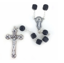 SQUARE BLACK WOOD BEADS WITH MIRACULOUS CENTER ROSARY CROSS CRUCIFIX - $39.99