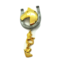 Lucky Up Horseshoe &amp; Horse Head Pin Brooch Mixed Metal Gold Gray  - £7.84 GBP