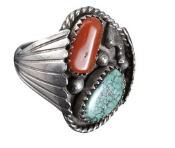 sz12.5 Vintage Navajo Sterling turquoise and coral men&#39;s ring - £172.64 GBP