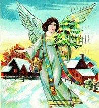Vtg Postcard 1909 Embossed Christmas Angel Holding Christmas Tree Snow Scene - £6.24 GBP