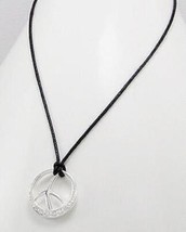 Peace Sign Necklace Sterling Silver Cotton Cord Clear Cz - £14.79 GBP