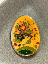 Vintage Yellow w Many Flowers &amp; Easter Bunny Enamel Goldtone EASTER EGG Pin - £8.92 GBP