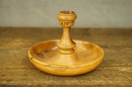 Vintage Judaica Carved Olive Wood Israel JERUSALEM Hebrew Taper Candleholder - £19.73 GBP