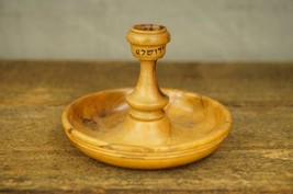 Vintage Judaica Carved Olive Wood Israel JERUSALEM Hebrew Taper Candleho... - $33.86 CAD