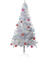 6 Ft Silver Tinsel Christmas Tree w/ 24 Ornament Set &amp; Metal Stand – Eas... - $1,464.45 MXN