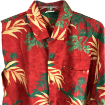 Vintage Hawaiian aloha Shirt Red Palm Trees Terivoile L Barefoot Attitude Camp - £14.23 GBP