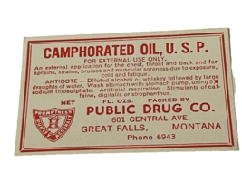 Drug Store Pharmacy Apothecary Label Ad Vtg Camphorated Oil Great Falls ... - £5.91 GBP