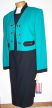 Vintage 1980s Sandra Owwing NR1 Turquoise Black 3 Piece 100% Wool Skirt Suit 10 - £101.98 GBP