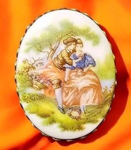 Vintage Signed Porcelain Brooch Fragonard Courting Couple Cameo Pin Oval - $22.72