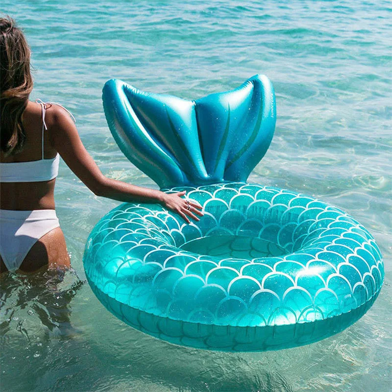 Blue Pink Mermaid Backrest Inflatable Swimming Ring Adult Swimming Laps Floating - £25.18 GBP