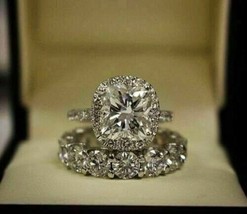Halo Bridal Wedding Ring Set 7.50Ct Cushion Cut Diamond 14K White Gold Size 10 - £262.05 GBP