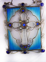 Gothic Cross hanging Stained Glass panel  / 14x11&quot; suncatcher wall hangi... - £137.32 GBP