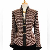 St. John Collection Vintage Red Black Boucle Knit Leather Trim Jacket Size 12 - £168.16 GBP