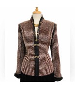St. John Collection Vintage Red Black Boucle Knit Leather Trim Jacket Si... - £165.43 GBP