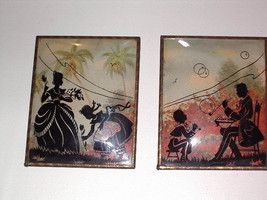 Silhouette Reverse Painted Parents Enjoying Time W Children Vintage Antique Pair - £48.24 GBP