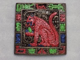 Mexican Mayan Jaguar Creature God Balam Cat Ceramic Carved Wall Tile Painted - £23.27 GBP