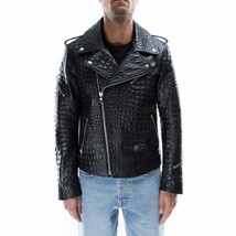 Italian Handmade Men Black Crocodile Textured Faux Leather Biker Jacket Slim Fit - £86.99 GBP