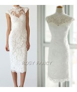 Rosyfancy Mandarin Collar Cap Sleeves Sheath Tea Length Short Lace Wedding Dress - £246.84 GBP