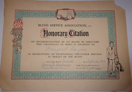Vintage Blind Service Association Honorary Citation Certificate of Merit... - $56.91 MXN