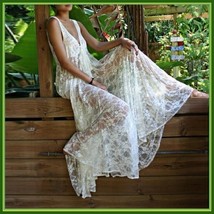 White Long Sleeveless Bohemian V Neck Floral Lace Casual Beach Dress Lounger image 2
