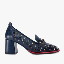 The Infanta Navy Blue Spike Leather Block Heel Pump Women Shoe image 7