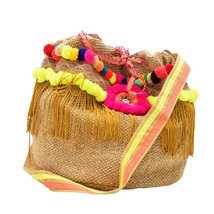 Ruby Yaya Jute &amp; Cotton Fringes Pom Pom Pouch Shoulder Crossbody Bag Summer - $168.30