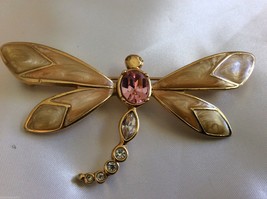 VTG  KJL for AVON Pink Enamel &amp; Crystal gold tone Dragonfly pin brooch - £30.86 GBP