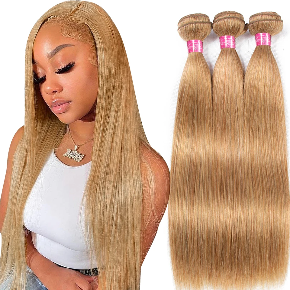 #27 Honey Blonde Human Hair Bundles Virgin Cheap 28 30 32 Inch Straight Hair - £35.97 GBP+