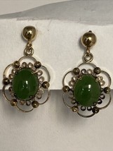 Gold Plate Over Sterling Cabochon Jade Jadeite Earrings Filigree Wires - £97.05 GBP