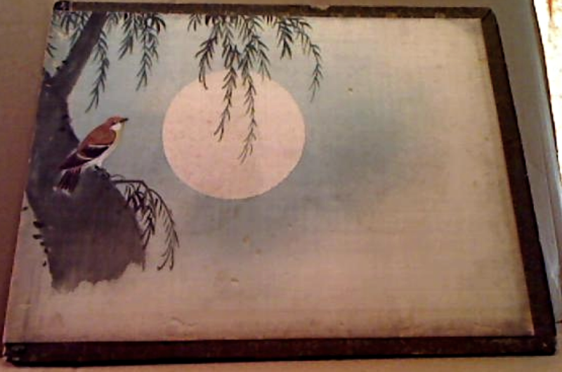 Primary image for Antique Japanese Silk Dresser Painting Moon Songbird Willow Tree Lacquer Backed