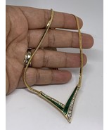 Vendome V Couturier Rhinestone Green Enamel Serpentine Necklace 16” - $44.43 CAD