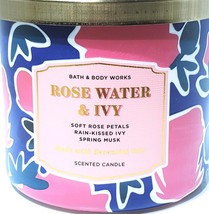 Bath &amp; Body Works Rose Water &amp; Ivy 3 Wick Candle Blue &amp; Pink Flower Design - $27.18