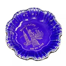 New York City Ashtray The Big Apple Fluted Edge Souvenir Blue &amp; Gold Twin Towers - £12.17 GBP