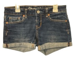 Aeropostale Womens Midi Jean Booty Shorts Size 0 Blue Flat Front Cuffed - £18.00 GBP