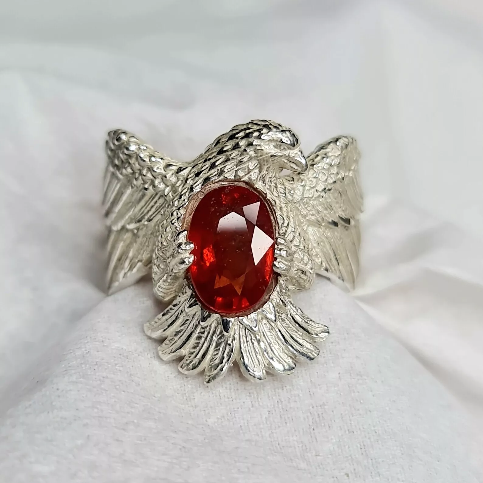 Ravishing!!Natural 2.95 CT Reddish Orange Sapphire Silver Eagle Carving MensRing - £63.48 GBP