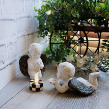 Courtly Cherubs with Checked Tea Light Candle Hand Painted Checks Chippy Angels - £45.67 GBP