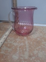 Cranberry Glass Small Pitcher Applied Clear Handle~Swirled Pattern No Damage - £2.79 GBP