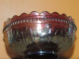 Dugan-Diamond Berry Bowl Beaded Stork Rushes Iridescent Red Carnival Gla... - $26.99
