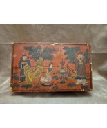 Antique Chinese Men, Woman And Floral Scene Lacquered Wooden Box Red Bronze - £59.80 GBP