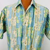 Tori Richard Hawaiian Aloha L Shirt Hibiscus Leaves Blue Green Tropical Stripe - £39.73 GBP